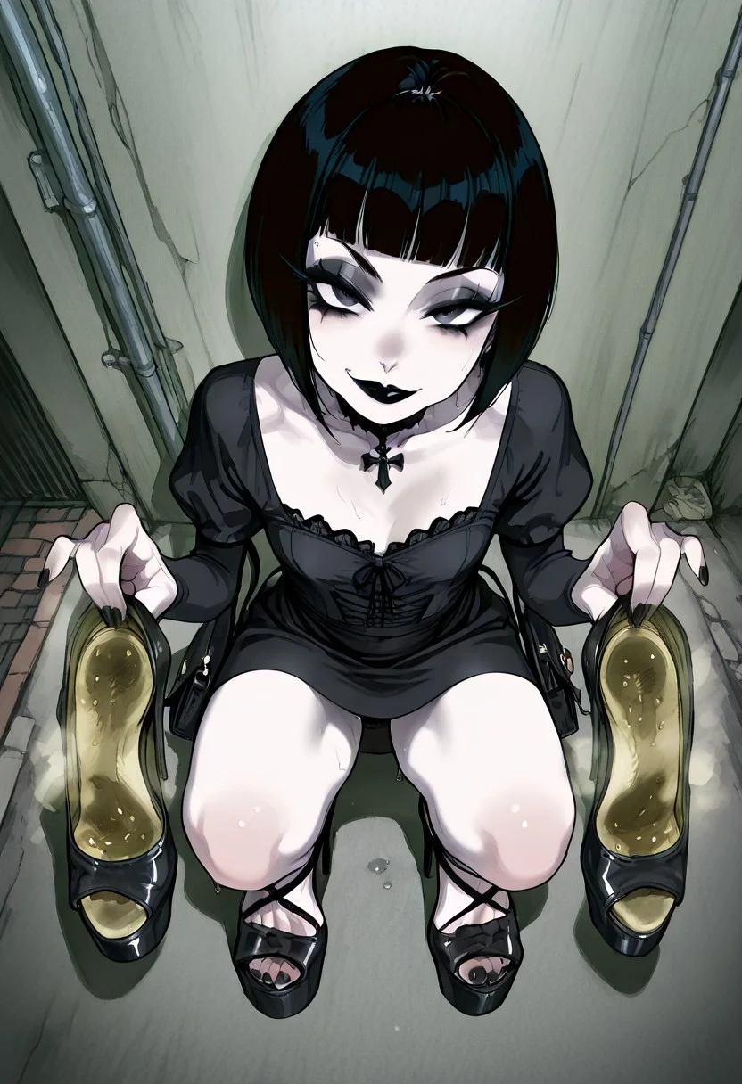 1girl, solo, bobcut hair, hud_bttrflyh33l, high heels, strappy heels, platform footwear, black hair, gothic dres, dirty alley, squatting, , absurdres, masterpiece, best quality, amazing quality, goth, closed space, slim, svelte, pale skin, empty street, garbage, goth fashion, makeup, gothic makeup, eyeliner, black lips, small handbag, looking up at viewer, sly smile, from above, smelly feet, sweaty feet, shoe removed, holding,holding_shoes, presenting the shoe to viewer,worn heels, worn insoles, sweat stains, dirty shoes, dirty insoles, shoes close to camera, foreshortening