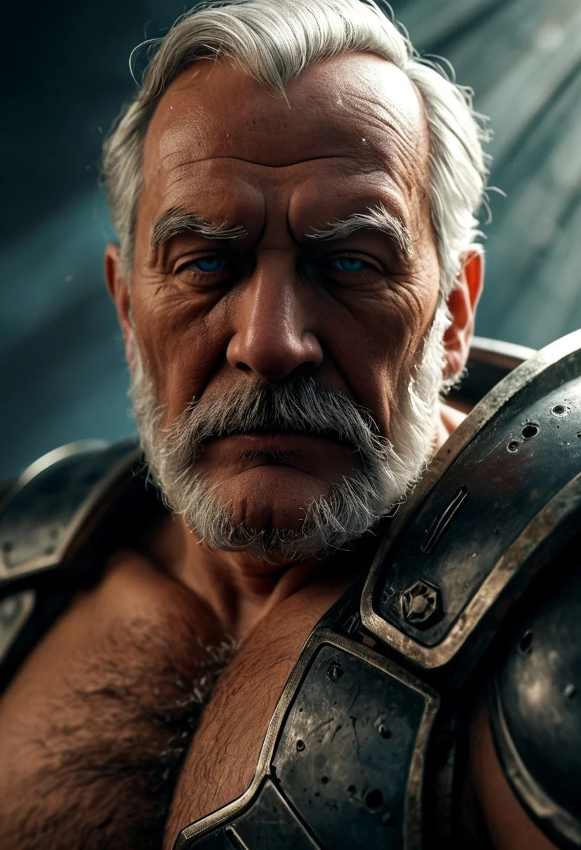 realistic, closeup portrait, face portrait, focus on face, seen from the side, dark cyberpunk megacity, neonlit background, volumetric light rays, natural light, alone, solo, relaxed cute pose, arm resting on leg, old granddad, old man, grandpa, tanned skin, strong tan, pubic-hair, small flat crooked down nose, bushy eyebrows, hairy chest, chesthair, strong manly round chubby face, deep blue eyes, (charming, handsome, sensual, arrogant, challenging), wearing cybernetic armor, cybernetic bodysuit, cyberpunkt accessoires