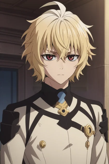 score_9, score_8_up, score_7_up, source_anime, intricate details, anime screencap, , , looking at viewer, upper body, depth of field, 1boy, solo, male focus, <lora:mikaela_hyakuya_pony:1>, mikaela_hyakuya, blonde hair, red eyes, short hair, hair between eyes, bangs, ahoge, , science fiction social science fiction, , <lora:sdxl_lightning_8step_lora:1>