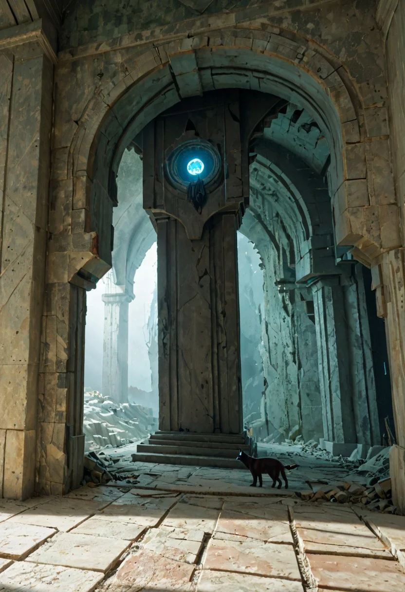 score_9, score_8_up, high quality, endless stone maze, towering cold walls, shifting labyrinth pathways, maze cloaked in thick fog, crumbling ancient corridors, slick damp floors, faint echoes of footsteps, whispers carried on the wind, closeup shot of a black cat with glowing eyes, lost and wandering, shadows stalking between walls, moonlight barely reaching the maze, withered ivy clinging to stone, hidden traps among the paths, creaking distant gates, maze walls bleeding in places, sudden dead ends, doors that vanish behind you, growing feeling of dread, soft scratching sounds, ominous statues at crossroads, cold gusts from unseen places, footprints vanishing into mist, stray patches of dark water, sudden bone piles in corners, maze that seems to breathe, echoes of a distant growl, silent watchers in the dark, time slipping and looping