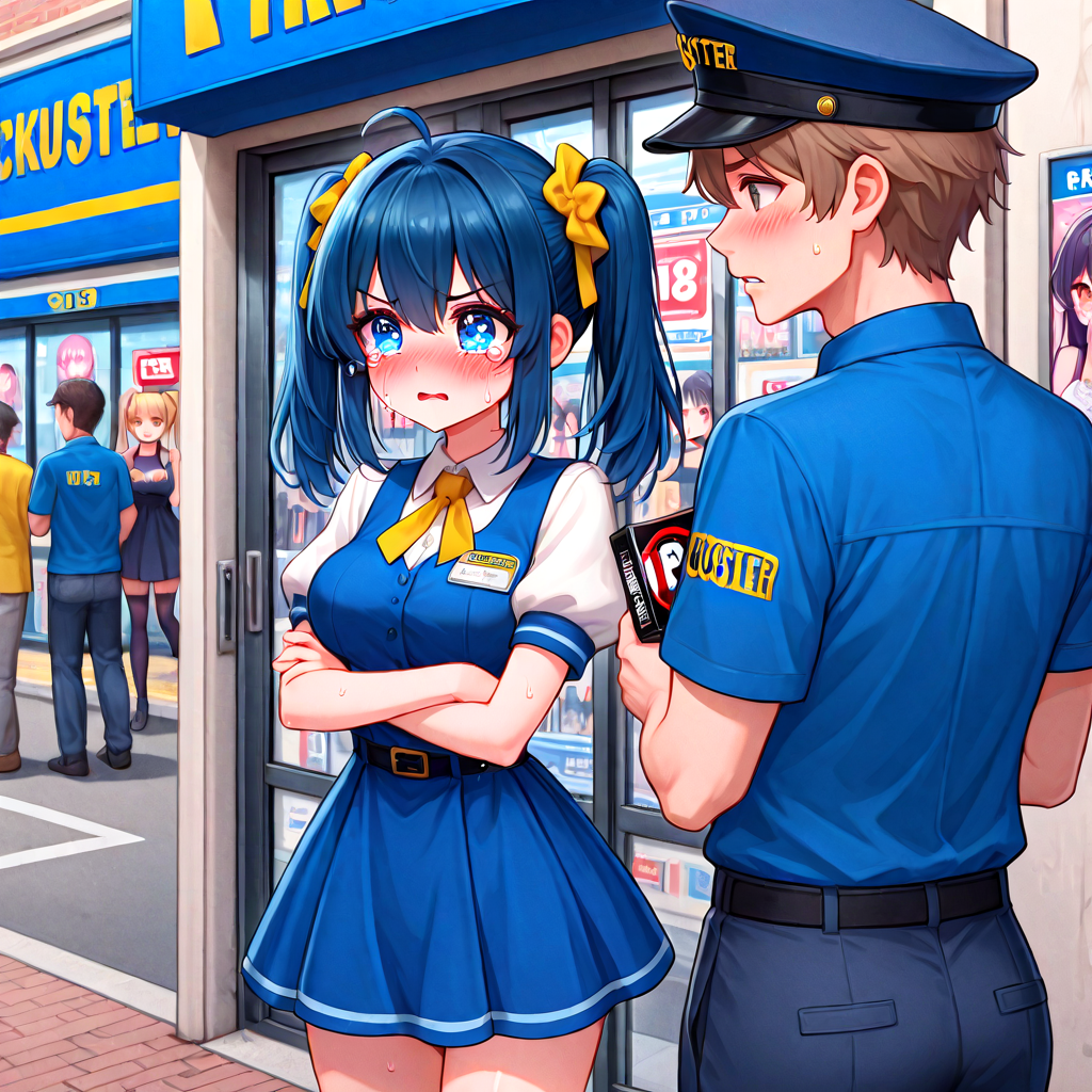 absurdres, explicit, blockbuster, storefront, character print dvd case, holding, 1girl and 1boy, a petite female, shy, blush, unhappy, angry, sweat, breasts, parted lips, twintails, short dress, a tall male, pants, employee uniform, height difference, glass door, glass wall, road, signboard, R18 dvd case, R18 text poster, street, crowd, people, 6+boys, profile, outdoors, looking inside, tearing up, crying with eyes open, police, crossed arms, <lora:girllikeblockbuster_ilxl:1>