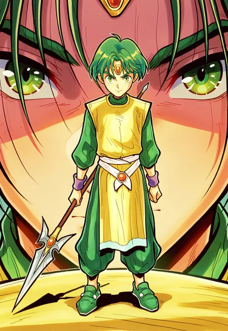 masterpiece, best quality, amazing quality, very aesthetic, absurdres, newest, borgiffl3, 1boy, short green hair, circlet, green eyes, long green sleeves, long yellow tabard, purple wristband, white belt, green pants, green shoes,  close up, spear, holding single spear, standing, looking at viewer, 