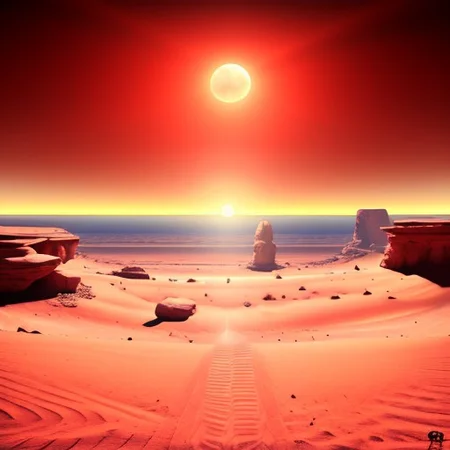 astronaut, sitting cross-legged, alien world, desert, no plants, no animals, lunar lander in the distance, sun rising over horizon, dawn, contemplation, sand, rocks, cliffs, desolation, arid wasteland, isolated, isolation, score_9,score_8,score_7,score_8_up,score_7_up,score_6_up,