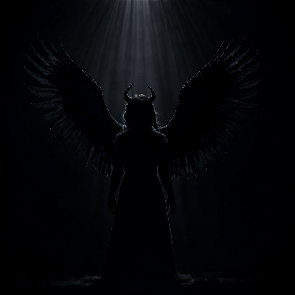 cinematic dark monochrome photo The ominous shadow of a winged demon loomed over her, professional, detailed, <lora:Into_Darkness:1>