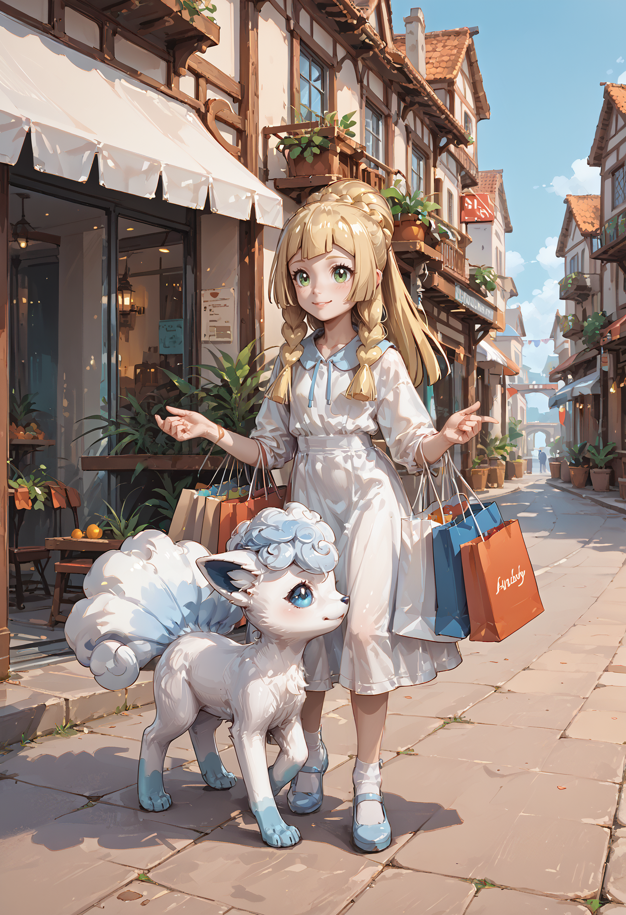 score_9,score_8_up,score_7_up,high quality,masterpiece,outdoors,zPDXL3,<lora:add-detail-xl:1.1>,<lora:tabakkostyle:0.4>,tabakkostyle,town BREAK <lora:Lillie>,LillieUAI,<lora:Shopping_Bags:0.8>,sh0pbags,shopping bag BREAK <lora:POKEMON_ALOLAN_VULPIX:0.8>,alolan_vulpix,