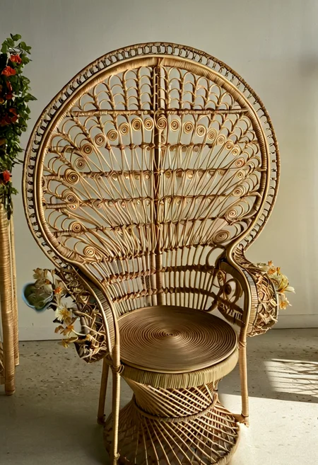 fauteuil_Emmanuelle, rotin, rattan armchair, detailed, cinematic, surreal, open background, nature background, flower, romantic, beautiful, delicate, magical, artistic, intricate, elegant, perfect deep detail, strong focus, epic composition, joyful,, unique, amazing, gorgeous, dramatic <lora:offset_0.2:0.1> <lora:fauteuil_Emmanuelle:1>