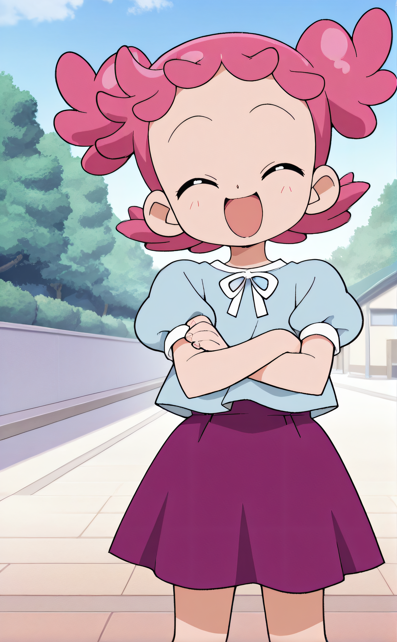 masterpiece, best quality, highres, newest, 1girl, solo, official style, anime screencap, <lora:IL_Harukaze_Pop:1>, harukazepop, child, pink hair, closed eyes, blue shirt, puffy sleeves, purple skirt, looking at viewer, smile, outdoor, cowboy shot, crossed arms, open mouth