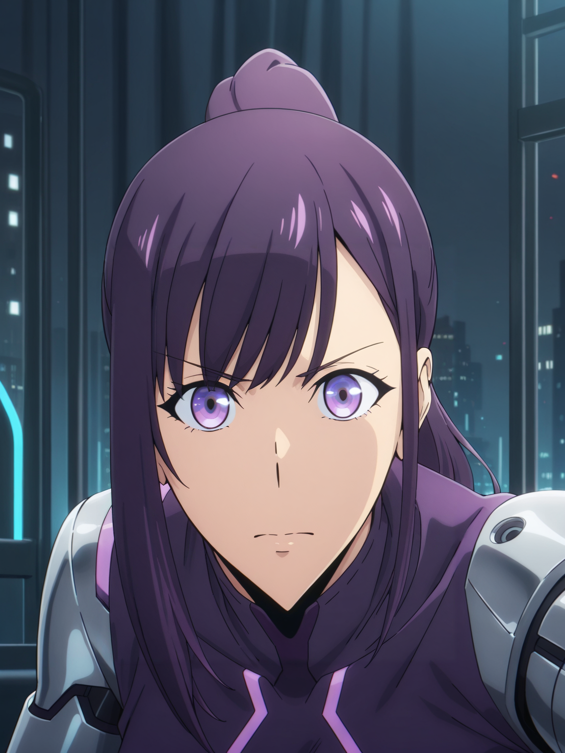 <lora:Sung_JinahIL:1> s_j, 1girl, purple hair, ponytail hair, purple eyes,
looking at viewer, cyberpunk, augmentations, prosthetic, metal arm, GLOWING CYBERNETIC EYE,difficult background, at night, dynamic pose,