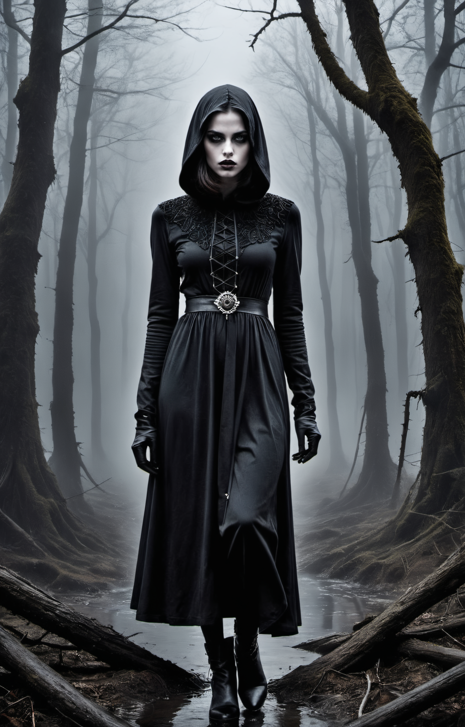 Horror-themed create an award-winning photograph of a young woman exploring an original and unconventional theme that captivates and amazes the viewer.  Push boundaries of traditional concepts,infusing the image with creativity and wonder,leaving a lasting impression on those who behold it.,absurdres,intricately detailed,32K, . Eerie, unsettling, dark, spooky, suspenseful, grim, highly detailed
