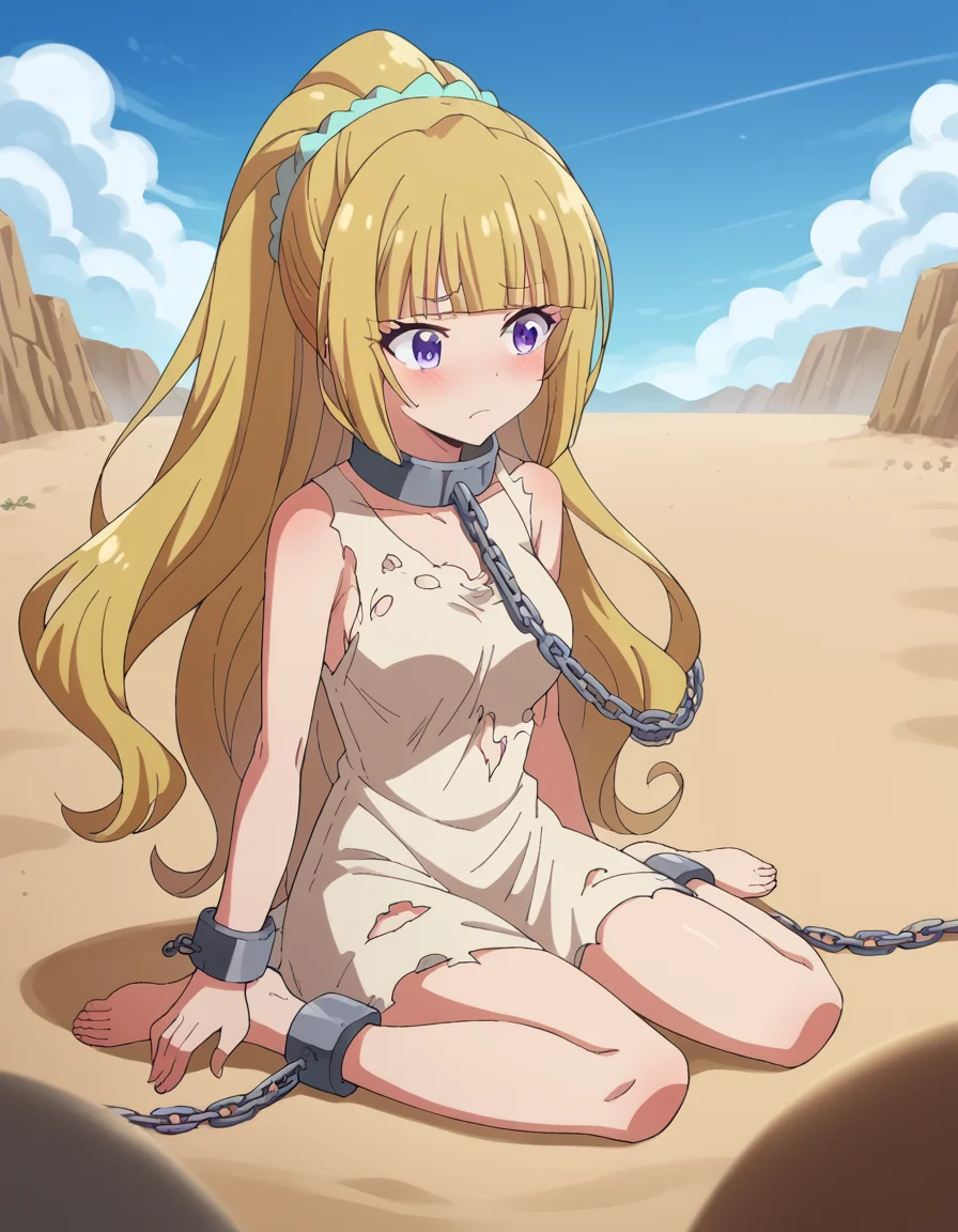 score_9, score_8_up, score_7_up, source_anime, keikaruizawa, <lora:kei-karuizawa-anime-s2-ponyxl-lora-nochekaiser:1>, kei karuizawa, long hair, bangs, blunt bangs, purple eyes, blonde hair, hair ornament, ponytail, scrunchie, blue scrunchie, medium breasts,, <lora:rags-ponyxl-lora-nochekaiser:1>, rags, ankle cuffs, ball and chain restraint, bdsm, chain, chained, collar, cuffs, dress, metal collar, restrained, shackles, slave, sleeveless, torn clothes, torn dress,, sitting, wariza, desert, sand, w legs, blush, blue sky, sun,,
