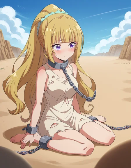 score_9, score_8_up, score_7_up, source_anime, keikaruizawa, <lora:kei-karuizawa-anime-s2-ponyxl-lora-nochekaiser:1>, kei karuizawa, long hair, bangs, blunt bangs, purple eyes, blonde hair, hair ornament, ponytail, scrunchie, blue scrunchie, medium breasts,, <lora:rags-ponyxl-lora-nochekaiser:1>, rags, ankle cuffs, ball and chain restraint, bdsm, chain, chained, collar, cuffs, dress, metal collar, restrained, shackles, slave, sleeveless, torn clothes, torn dress,, sitting, wariza, desert, sand, w legs, blush, blue sky, sun,,