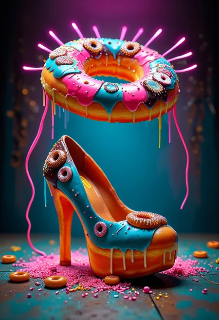 d0nu71f13d, An epic photo of a cyberpunk donut highheel made of doughnuts, neon color, masterpiece, best quality, highly detailed, sharp focus, dynamic lighting, flux-style, mobe-cybideen