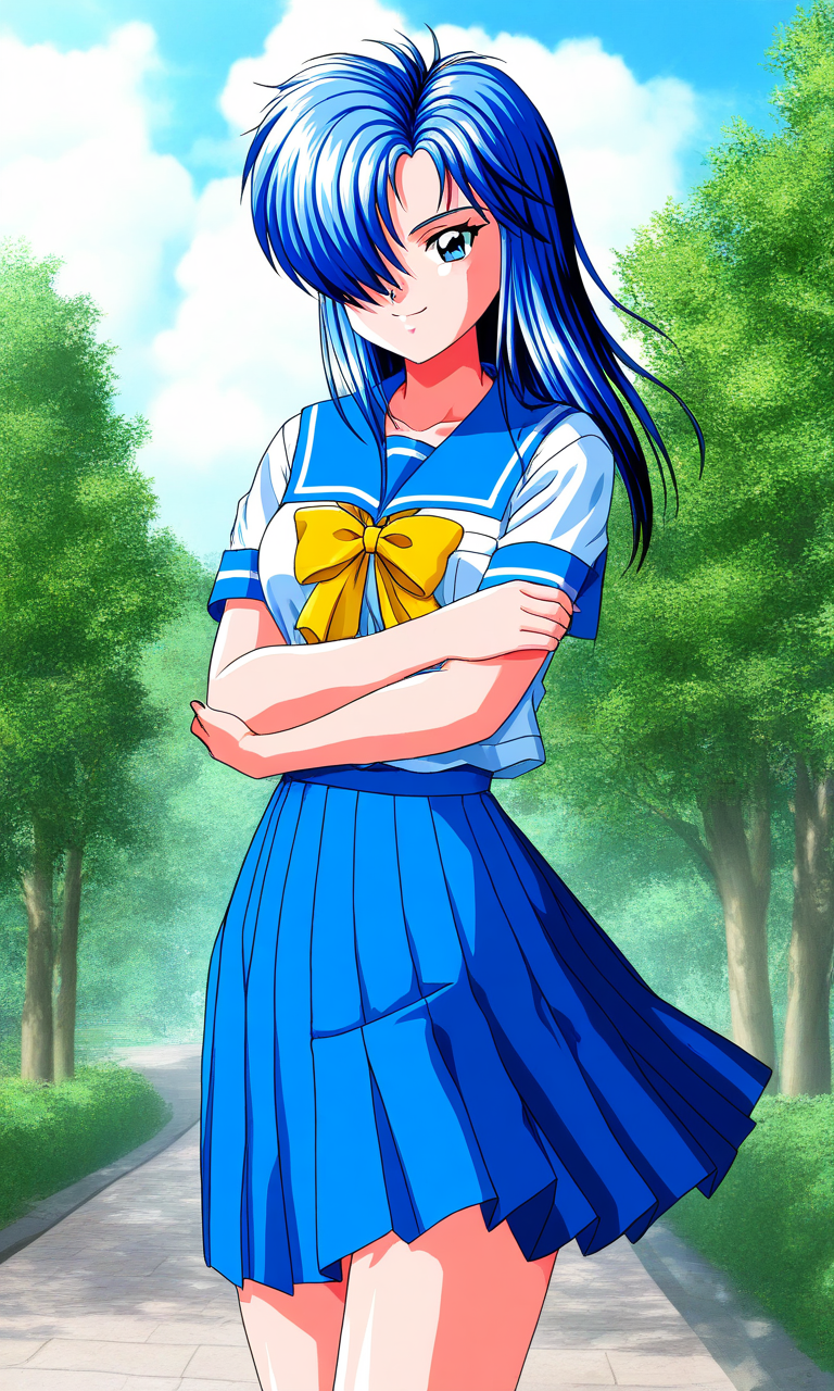 general,highres, ultra-detailed,very aesthetic,best quality ,best hands, BREAK  <lora:Himoo_Yuina_Tokimeki_Memorial_IS:1>
Himoo_Yuina(Tokimeki_Memorial), 1girl, solo, blue hair, hair over one eye, blue eyes, long hair, breasts,  smile,
cool face, cross arms.
blue school uniform, serafuku, jewelry, yellow bow, Yellow bow, blue skirt, blue sailor collar, white shirt, 
pleated skirt, short sleeves, outdoor, tree, sky,