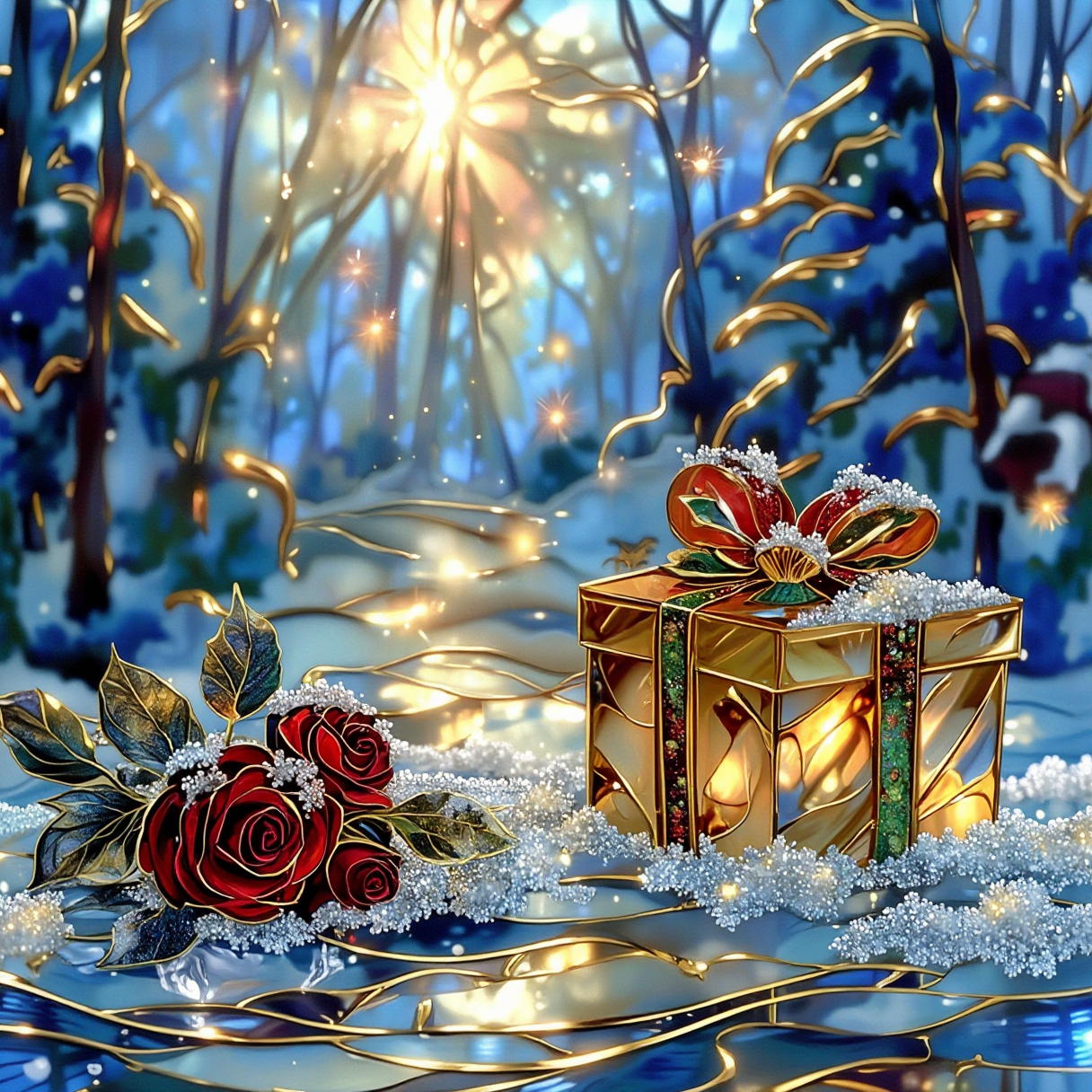 (Masterpiece of Realism, Bokeh: 1.1), this stunning masterpiece captures the view through the glass in a low-angle, close-up 35mm film shot. (Image foreground detail: A bouquet of roses and a golden gift box on a crystal-clear frozen water surface. The water surface is a thin layer of ice, split by sharp lines and forming gentle ripples. A close-up of a bouquet of red ice-sculpted roses at the bottom of the frame shows the petals covered in real snow and encrusted with frost, caressed by soft natural light and glowing like sparkles. The water splashes and ripples, snowflakes dance and swirl around, and a lonely, glittering golden gift box wrapped in overlapping red and green ribbons with gold lines along the edges sits)), ((The glass surface at the forefront of the frame in particular shows transparent glass reflections and refractions. The frost patterns created by the frozen frost on the glass surface form gradients, bringing the foreground beyond the glass into sharp focus)), This intricately detailed masterpiece is captured in an extremely low angle (1.4) and high contrast HDR (1.2), further emphasizing the wonder and mystery of the image, drawing the viewer into a dreamy and transcendent fantasy world. This oil painting masterpiece invites the viewer into a dreamlike world filled with tranquility and beauty.