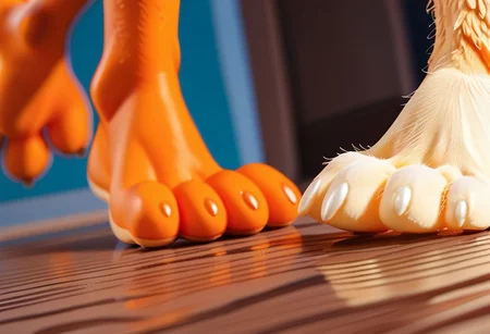 score_9, score_8_up, score_7_up, score_6_up, score_5_up, score_4_up, 1girl, furry female, kiff chatterley, orange squirrel, barefoot, orange feet, 3 toes, foot focus, close-up