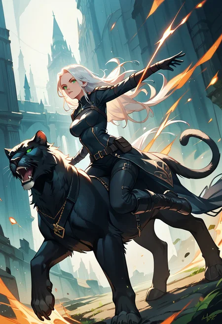 top_score, Ultra_HD_Details, score_9, score_8_up, score_7_up, score_6_up. DonM3lv3sXL, dynamic pose, unusual angle
Elven ranger with pale skin white hair and emerald eyes. Riding a black panther