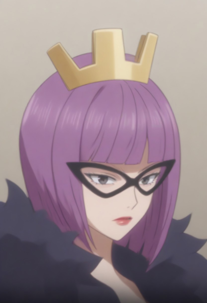 source_anime, anime screencap, source_anime, auratheguillotine, anime screencap, masterpiece, source_anime, shiny skin,,, KinderellaOP, 1girl, solo, tall woman, pink purple hair, bangs, bob cut, black eyes, lips, red lipstick, crown, long yellow dress, cleavage, dress with cutout, dark cape, wide hips, long light-colored gloves, eye-mask,