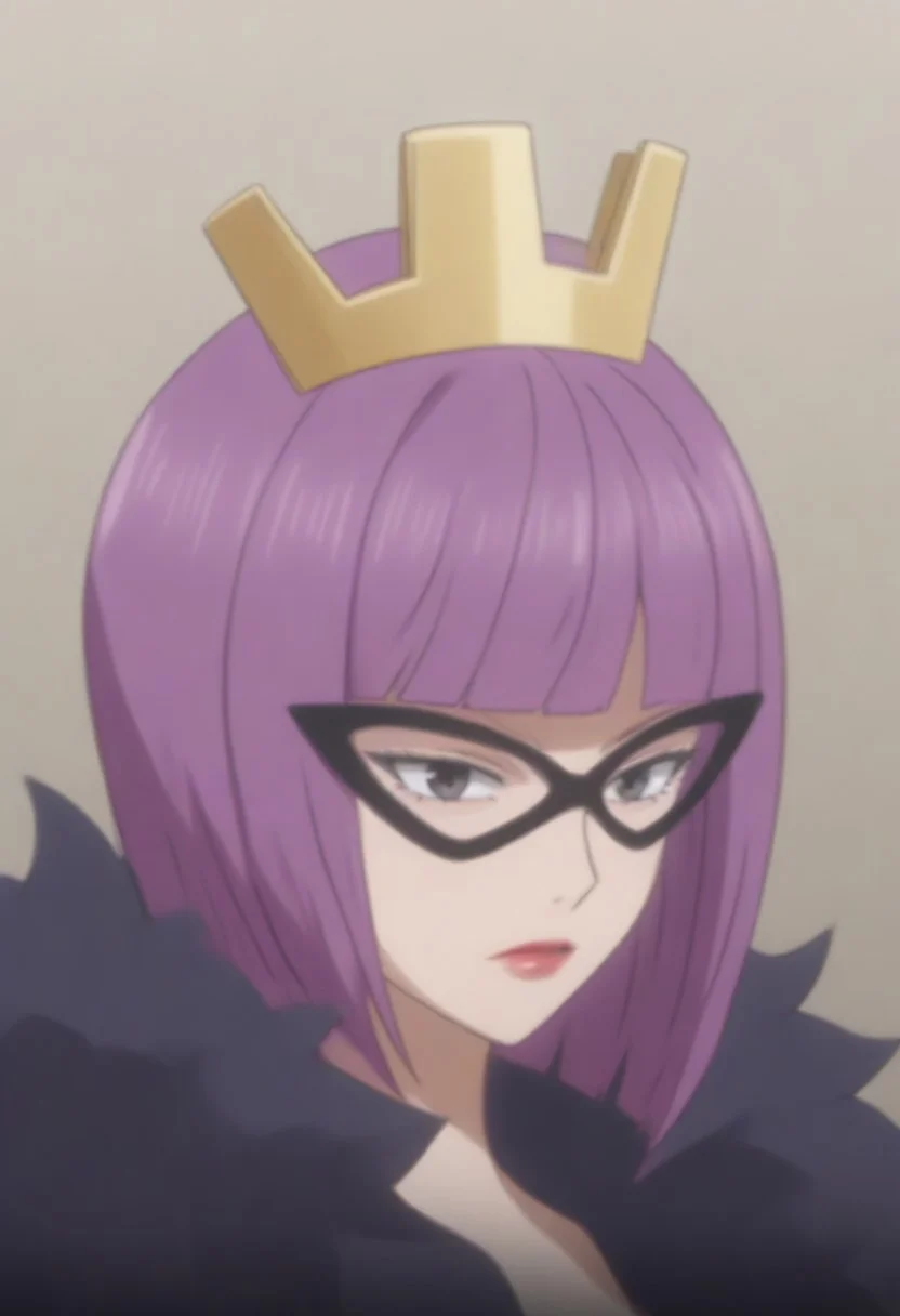 source_anime, anime screencap, source_anime, auratheguillotine, anime screencap, masterpiece, source_anime, shiny skin,,, KinderellaOP, 1girl, solo, tall woman, pink purple hair, bangs, bob cut, black eyes, lips, red lipstick, crown, long yellow dress, cleavage, dress with cutout, dark cape, wide hips, long light-colored gloves, eye-mask,