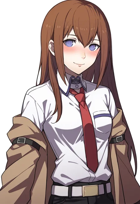 score_9, score_8_up, score_7_up, source_anime BREAK 1girl, solo,
<lora:zs_FE3HPortraitsXL:1> fe3hportraits, upper body, white background
<lora:steinsgate_makise_ponyXL:1> makise kurisu, brown jacket, off shoulder, white shirt, red necktie, black shorts, white belt, blush, smile