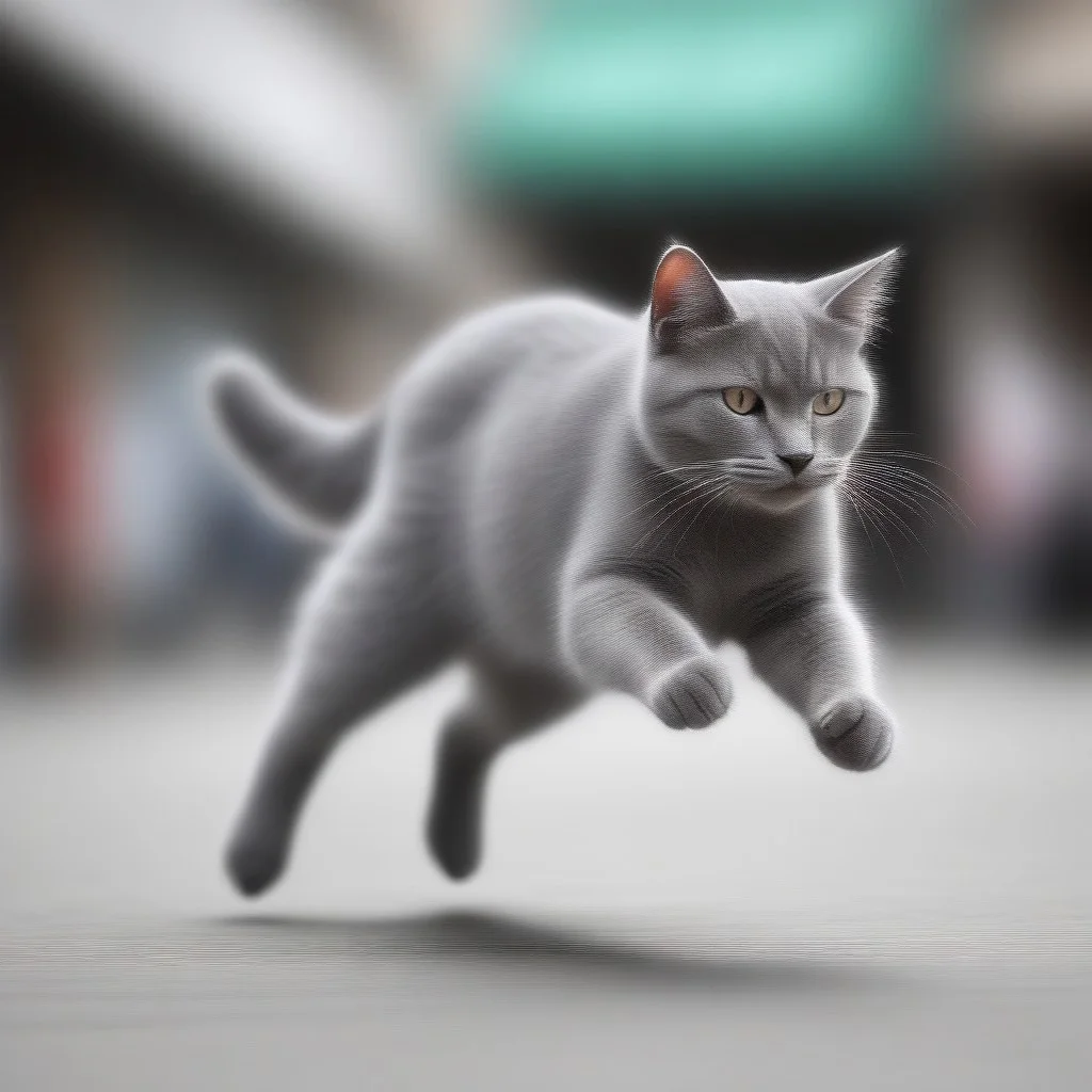 blur speed, active scene, At a street milk market, a gray cat (running pose) holds a bottle saying BUZZ in his upper paws, runs quickly and laugs, A milk seller in white runs after him and shouts loudly, threatening him with his fist.
