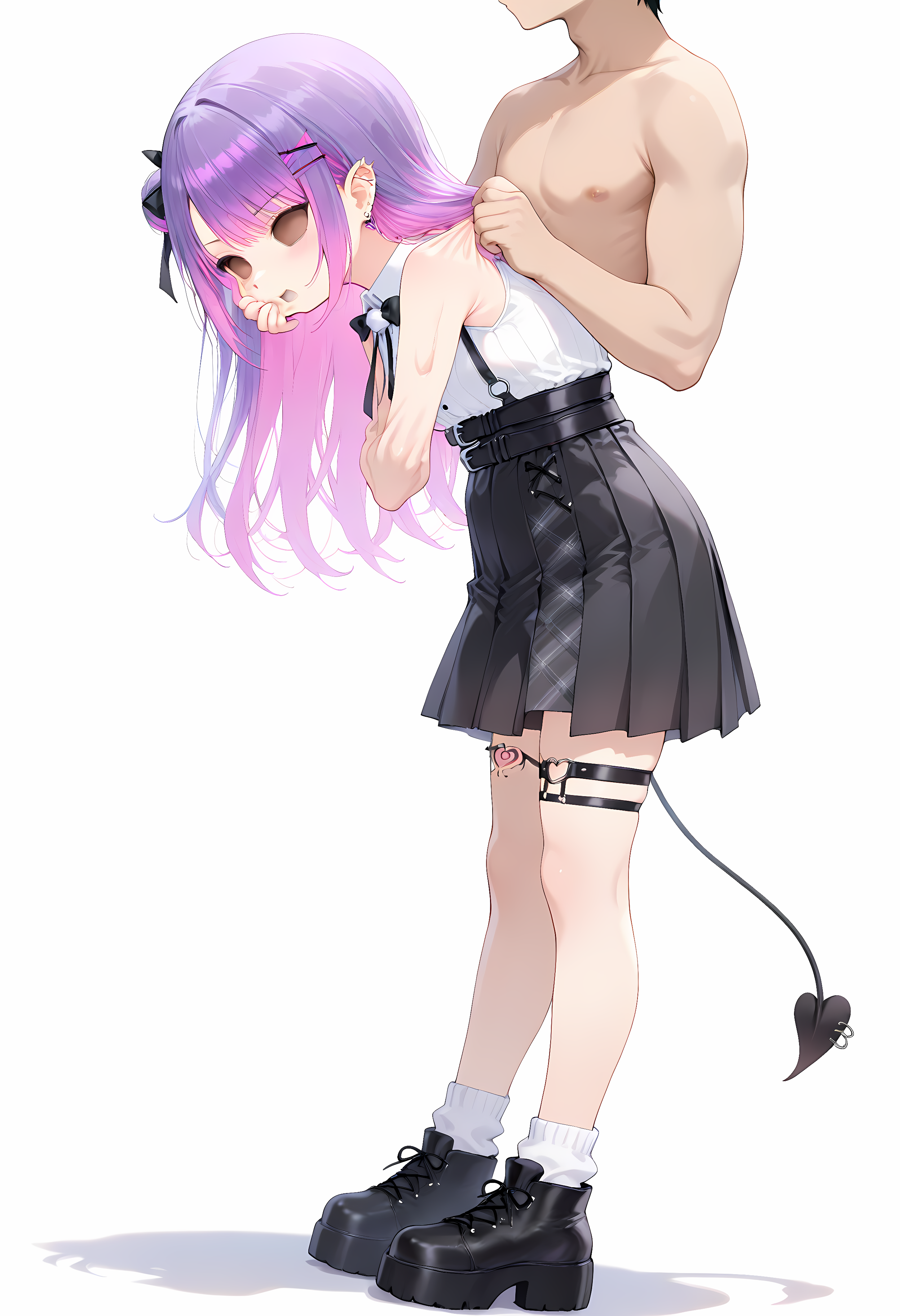 masterpiece,best quality,amazing quality,1girl,solo,(spread legs:0.5),standing,1girl,tokoyami towa \(jirai kei\) , white background, cheek pinching, (full body:1.1), (long legs:0.8), 1boy in another's body, holding detached head, from side, standing, hole eyes