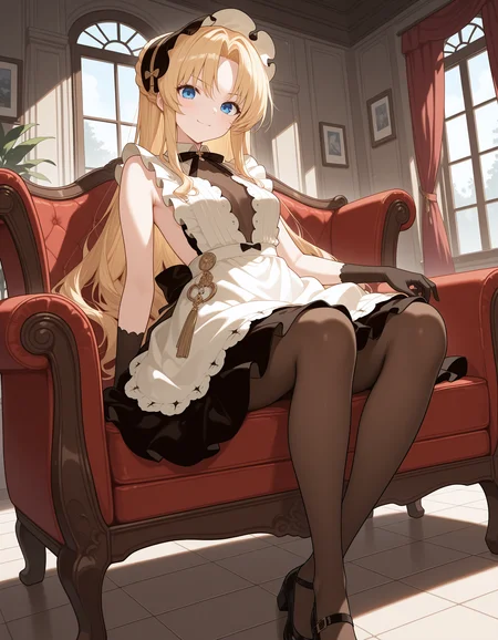 (masterpiece,best quality:1.2),amazing quality,very aesthetic,absurdres,newest,
1girl, solo, vanguard_maid, blonde hair, long hair, blue eyes, sleeveless dress, black headwear, brown pantyhose, black footwear, black gloves,
smile, determined, looking at viewer, sitting, on couch, indoors
<lora:vanguard_azur_lane:1>