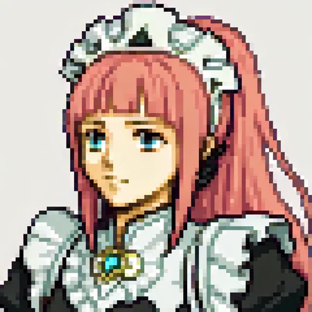 score_9, score_8_up, score_7_up, source_anime BREAK 1girl, solo, <lora:zs_FEGBAPortraitsXL:1> fegbaportraits, portrait, white background, simple background, <lora:felicia-fe-richy-v1_pdxl:0.8> feliciadef, pink hair, long hair, blunt bangs, ponytail, blue eyes, maid headdress, brooch