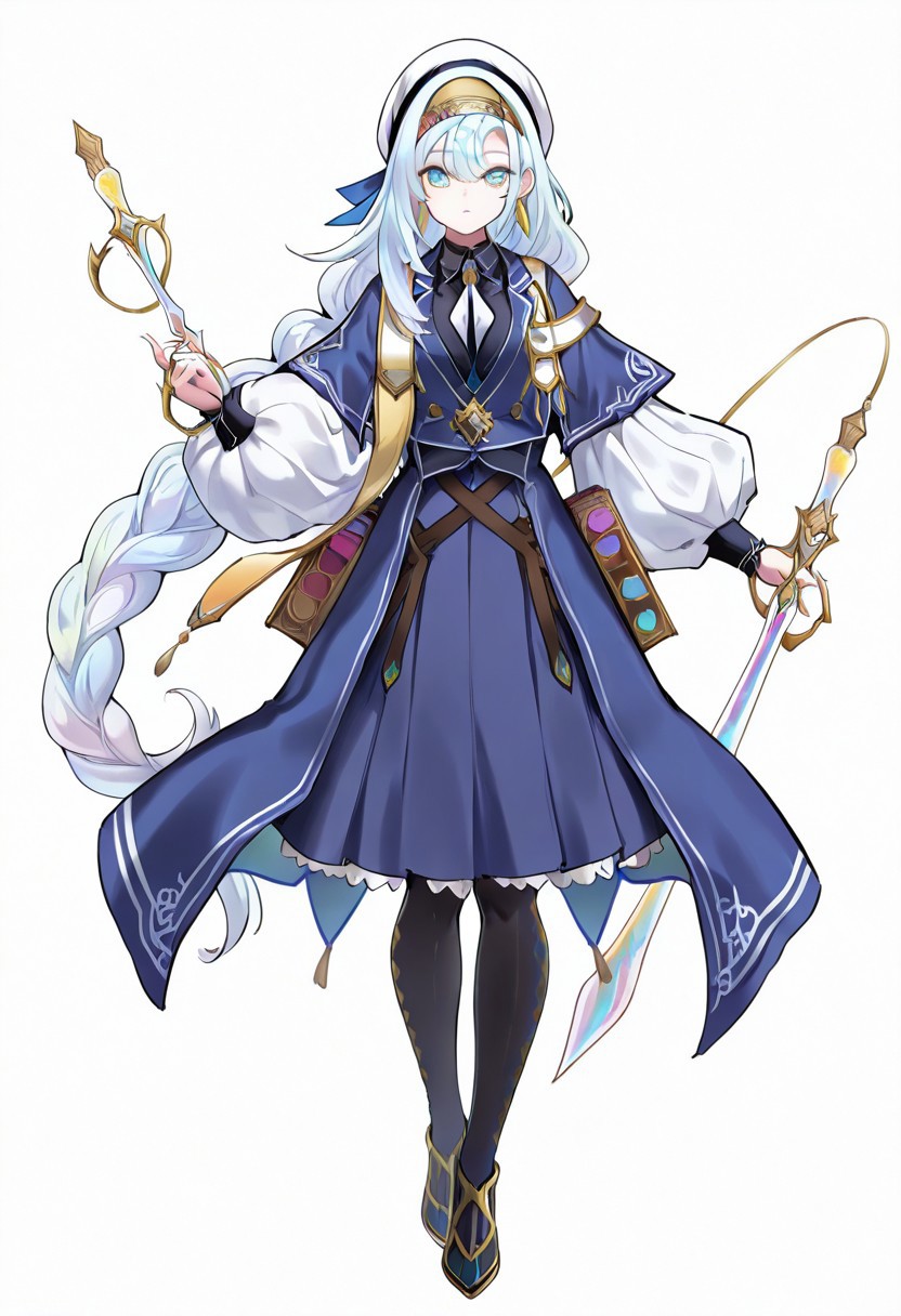 (masterpiece),best quality, amazing quality, very aesthetic, absurdres, newest, 1girl, solo, artmegia finemelt, twin braid, white hat, blue jacket, puffy sleeves, neckite, earrings, blue skirt, black pantyhose, book, pen, cowboy shot, looking at viewer, full body, white background