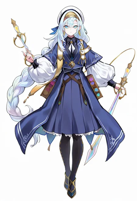(masterpiece),best quality, amazing quality, very aesthetic, absurdres, newest, 1girl, solo, artmegia finemelt, twin braid, white hat, blue jacket, puffy sleeves, neckite, earrings, blue skirt, black pantyhose, book, pen, cowboy shot, looking at viewer, full body, white background