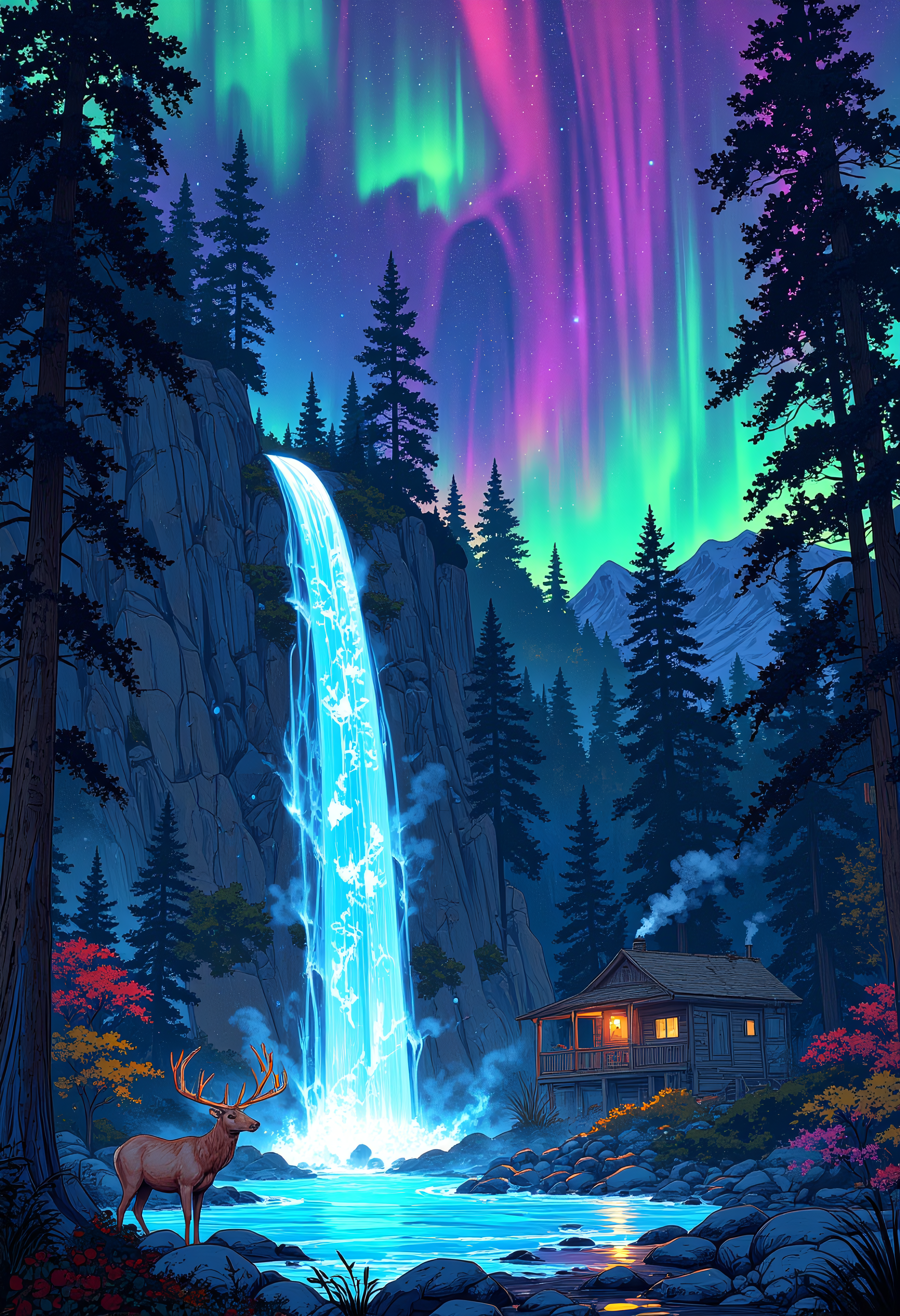 A magnificent waterfall of glowing, liquid light cascades from a towering cliffside, the water shimmering in waves of electric green, magenta, and sapphire. Below, the pool glows like molten crystal, sending soft pulses of color rippling outward. A lone stag with glowing antlers stands at the waterâs edge, drinking under the cosmic sky filled with swirling auroras. In the background, a tiny cabin sits nestled between massive, ancient trees, its windows glowing warmly as smoke curls lazily from the chimney.