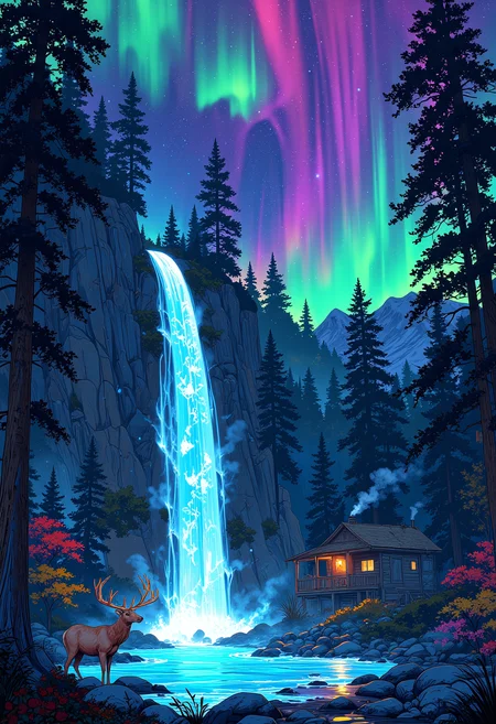 A magnificent waterfall of glowing, liquid light cascades from a towering cliffside, the water shimmering in waves of electric green, magenta, and sapphire. Below, the pool glows like molten crystal, sending soft pulses of color rippling outward. A lone stag with glowing antlers stands at the waterâs edge, drinking under the cosmic sky filled with swirling auroras. In the background, a tiny cabin sits nestled between massive, ancient trees, its windows glowing warmly as smoke curls lazily from the chimney.