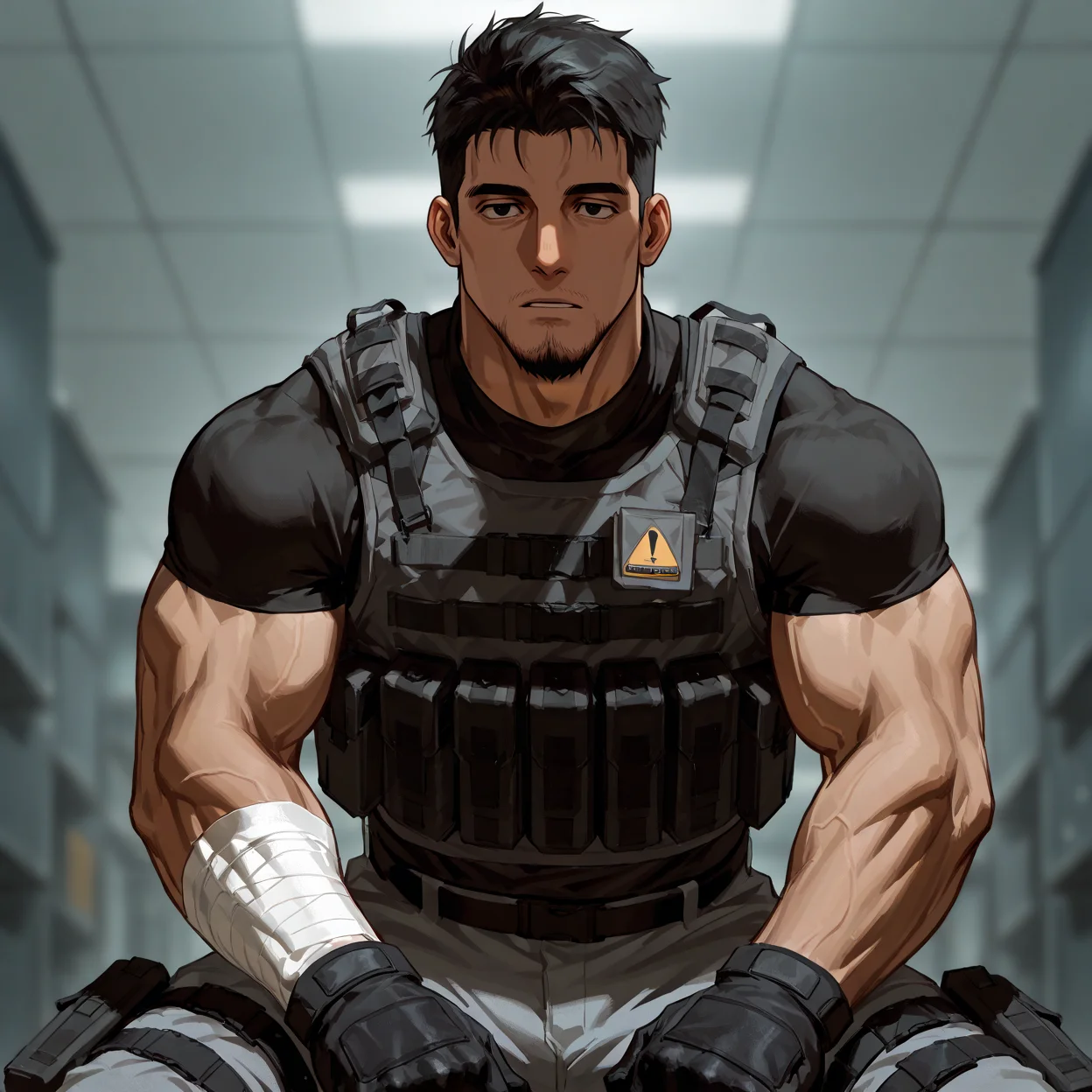 <lora:Mercenary_Ninja_Kamui-000005:.8>, (Mercenary, Black hair, black eyes, goatee, (tactical equipment), tactical Vest, bandaged arm, legband, tactical gloves, open clothing,)
looking at the viewer, cowboy shot, sitting,
(very short hair, beard, bara, mature, facial hair, stubble, beard, full beard, sideburn, beard, a lot of beard, ), facial hair,male focus, muscular male, muscular male, bara, mature, bara, mature, aixiwuganda_(20222192), very awa, masterpiece, best quality, absurdres, newest, perfect quality, detailed background, intricate details,
<lora:slider_Body Type_alpha1.0_rank4_noxattn_last:3><lora:Anime Summer Days 2 Style SDXL_LoRA_Pony Diffusion V6 XL:.6><lora:slider_cfg_scale_boost:.7><lora:Artist6p:.55>, Artist6p, Artist04p,<lora:slider_il_brightness_slider_d1:-1><lora:slider_il_contrast_slider_d1:-1><lora:slider_DarkSlider1.2_alpha1.0_rank16_full_300steps:-.6>