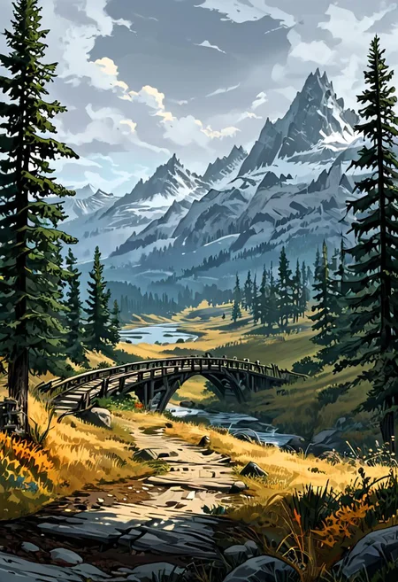 artistic cartoon comic {A skyrimlandscapes, snowy mountains in the far distance, trees, grass, dirt, grey overcast sky, pov: walking across a bridge, heading into the wilderness} . graphic illustration, comic art, graphic novel art, highly detailed, vibrant colors, 8k, sharp, professional, clear, high contrast, high saturated, vivid deep blacks, crystal clear,