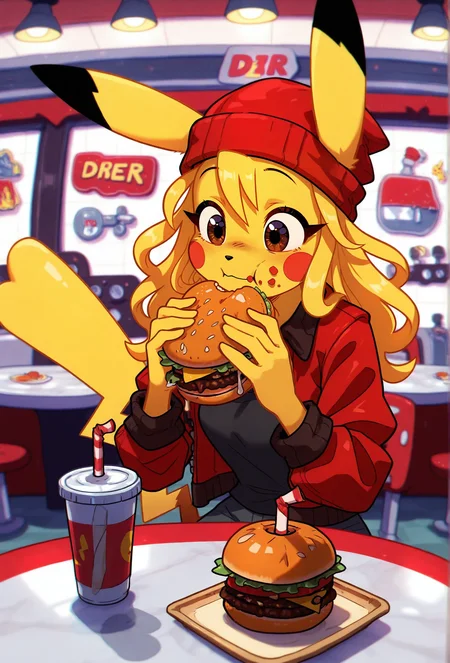 masterpiece,best quality,amazing quality, <lora:groovy_smooth_style_illustrious_v1f:1> groovysmoothstyle, (chromatic aberration:1.1), 1girl, furry, furry female, body fur, fur tuft, pikachu, red beanie, yellow hair, curly hair, brown eyes, eating burger, eating, food on face BREAK
yellow fur, red jacket, diner, restaurant, depth of field, detailed background
