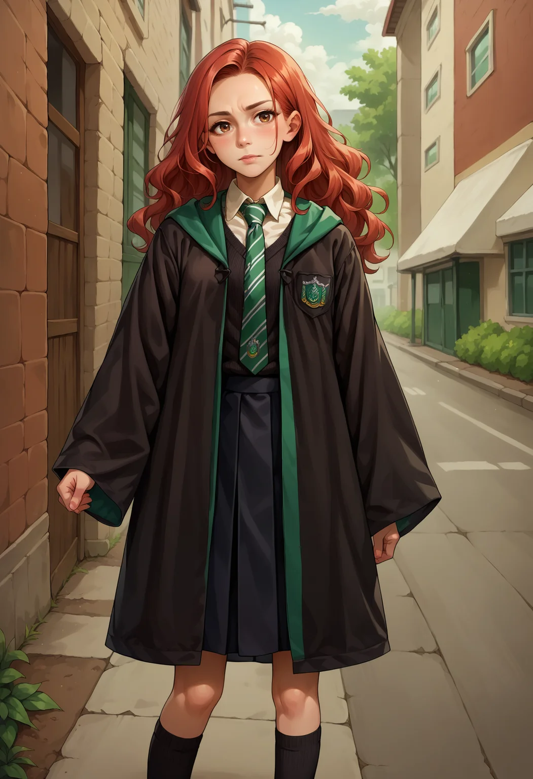 score_9, score_8_up,score_7_up, source_anime, 1girl, solo, red hair, wavy hair, long hair, brown eyes, <lora:EPRobeSlytherinPDXL:1>, EPRobeSlytherin, wearing EPRobeSlytherin, black robe, hood down, open robe, open clothes, wide sleeves, green necktie, diagonal-striped necktie, white shirt, collared shirt, black sweater, badge, black skirt, black legwear, kneehighs, standing, outdoors,
