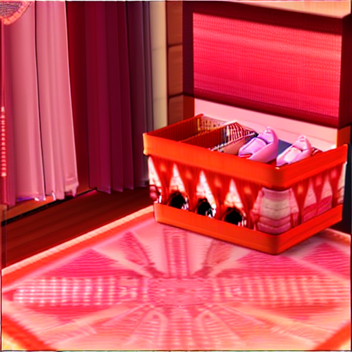 mabi video game, 3d, 3d video game, small room that appears to be a dressing room, closet with clothes and mirror against the wall, brick walls, stairs on the right side, person standing on the bottom left, the person is wearing purple pants and a white ruffle shirt, blonde hair, light skin color, table with a chair on the bottom right, storage shelves on right side of wall, baskets inside shelves, Large basket next to table, table has an outfit on the left corner, the mirror shows a reflection of the room,