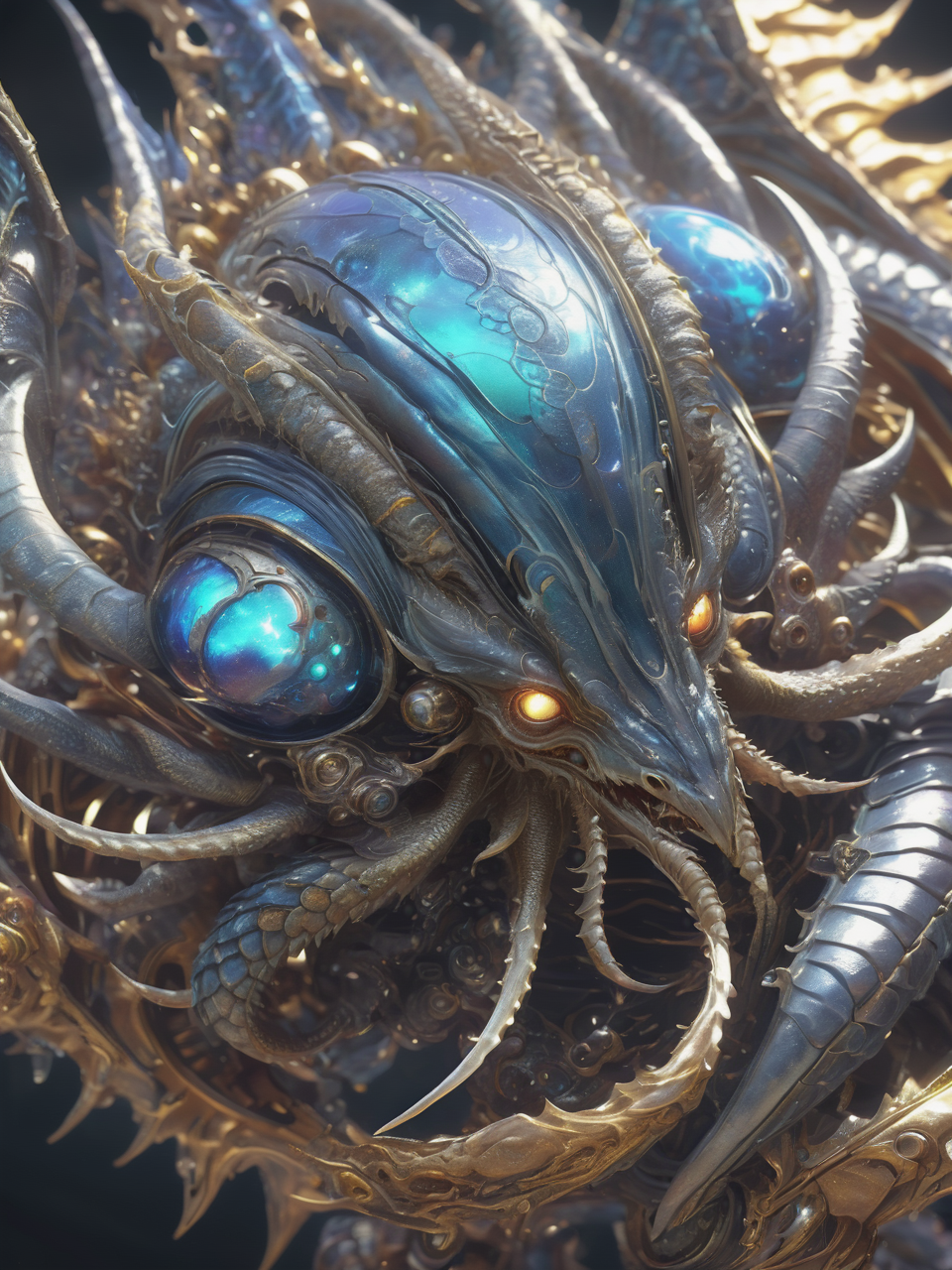 ((best quality)), ((masterpiece)), ((realistic,digital art)), (hyper detailed), Large Enchanted Scifi Ethereal Mollusk, Multipedal Octomanual, Four-Fingered Hands, Multi-Tailed, Short-Tailed, Metallic Skin,  Dragon Wings,, octane rendering, raytracing, volumetric lighting, Backlit,Rim Lighting, 8K, HDR,  <lora:add-detail-xl:.8>