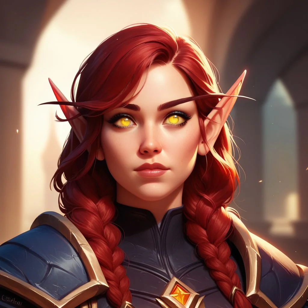 score_9, score_8_up, 8, score_7_up, score_6_up, (dynamic lighting:1.1), ((masterpiece)), solo, portrait,
(((beautiful, hyper realistic, high quality))), portrait, score_9, score_8_up, score_7_up,
Elf, Pointed ears, Long eyebrows, 1girl, red hair, yellow eyes, leather armor, iron shoulder pads,
fantasy background, blurred background
