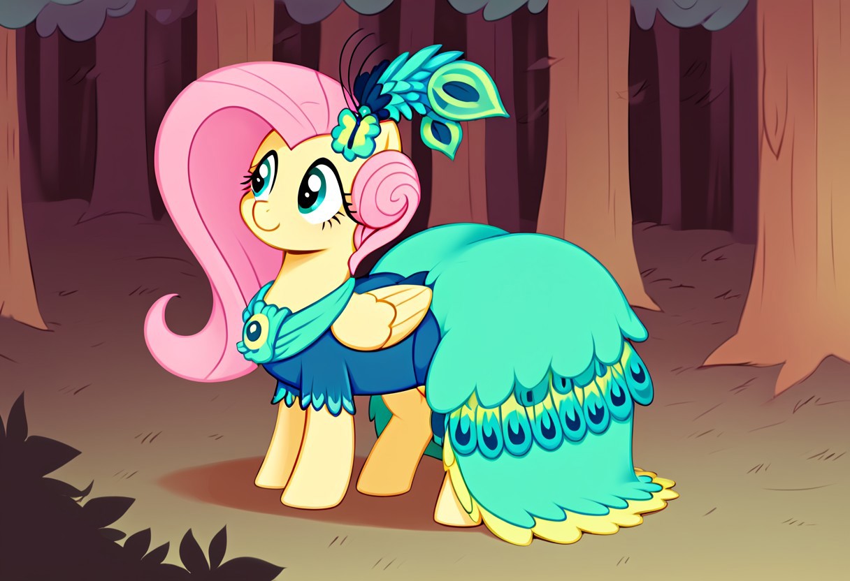 score_9, score_8_up, score_7_up, score_6_up, score_5_up, score_4_up, rating suggestive,my little pony, ((feral pony)),   1girl, ((solo)), (sexy),beautifully detailed, (detailed cute pony face), ((detailed forest background:1.5)), ((woman)), high angle, (cute smile:1.0), ((up-close))  1girl, ((solo)), (sexy,huge butt,hyper hips), full body,  in the forest <lora:Fluttershy_second_Gala:1>Fluttershy, a beautiful dress resembling peacock feathers in green and turquoise tones, a head decoration with feathers and an additional flower,tigh clothes,