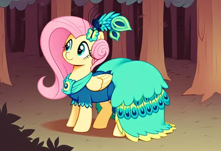 score_9, score_8_up, score_7_up, score_6_up, score_5_up, score_4_up, rating suggestive,my little pony, ((feral pony)), 1girl, ((solo)), (sexy),beautifully detailed, (detailed cute pony face), ((detailed forest background:1.5)), ((woman)), high angle, (cute smile:1.0), ((up-close)) 1girl, ((solo)), (sexy,huge butt,hyper hips), full body, in the forest <lora:Fluttershy_second_Gala:1>Fluttershy, a beautiful dress resembling peacock feathers in green and turquoise tones, a head decoration with feathers and an additional flower,tigh clothes,