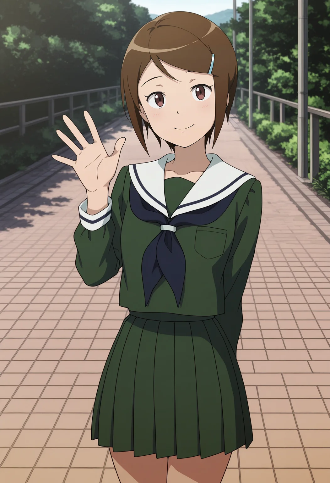 1girl,solo,mm,brown hair,short hair,brown eyes,hairclip,hair ornament,anime coloring,
shool uniform,serafuku,green shirt,long sleeves,looking at viewer, looking at viewer, waving, smile,outdoors,cowboy shot, arm behind back
,masterpiece,best quality,amazing quality,<lora:Hikari_Yagami-Digimon_Adventure_tri:0.9>