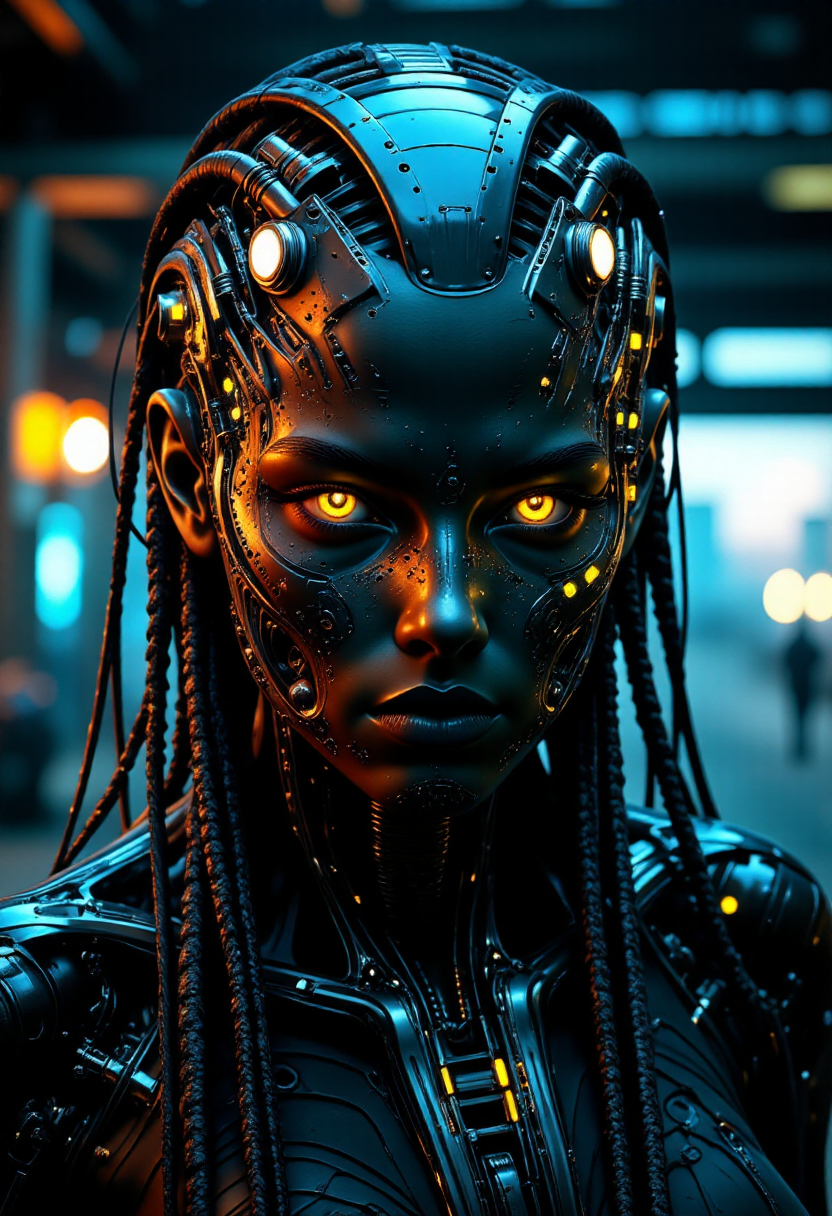 Delirium style, AbstractChaos style, cybernetic woman with a strong, mechanical appearance. Her face is adorned with intricate metal and cybernetic components, including glowing lights and mechanical bolts. Her hair is long and braided, with strands of metal and wires visible. The background should be a dark, industrial setting with blurred lights and structures, giving a sense of a futuristic, sci-fi environment. The overall style should be dark and dramatic, with a focus on the intricate details of the cybernetic components. The subject is a humanoid figure with a smooth, polished, almost metallic dark colored head, suggesting a cybernetic or alien-like appearance. The face is rendered in a gradient of deep colored tones, with intricate, swirling patterns in shades of that evoke the appearance of circuitry or cosmic energy.
<lora:flux_realism_lora:0.8>,  <lora:MysticFantasy:0.8>,  <lora:ARTifacts:0.8>,  <lora:Delirium:0.8>, Delirium style,  <lora:style_of_H._R._Giger_FLUX_295:1>, style of H. R. Giger, <lora:AbstractChaos-Flux:0.5>, AbstractChaos styleâââ