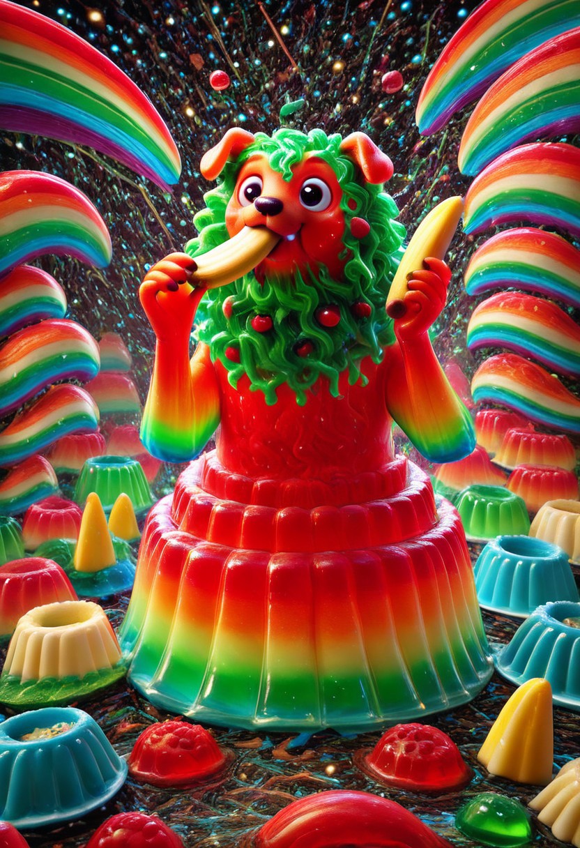 a cute chibby dog with big eyes made out of Jellystyle, he is eating a clay banana, very detailed, 4k, sharp, eating rainbow worms, novuschroma51 style