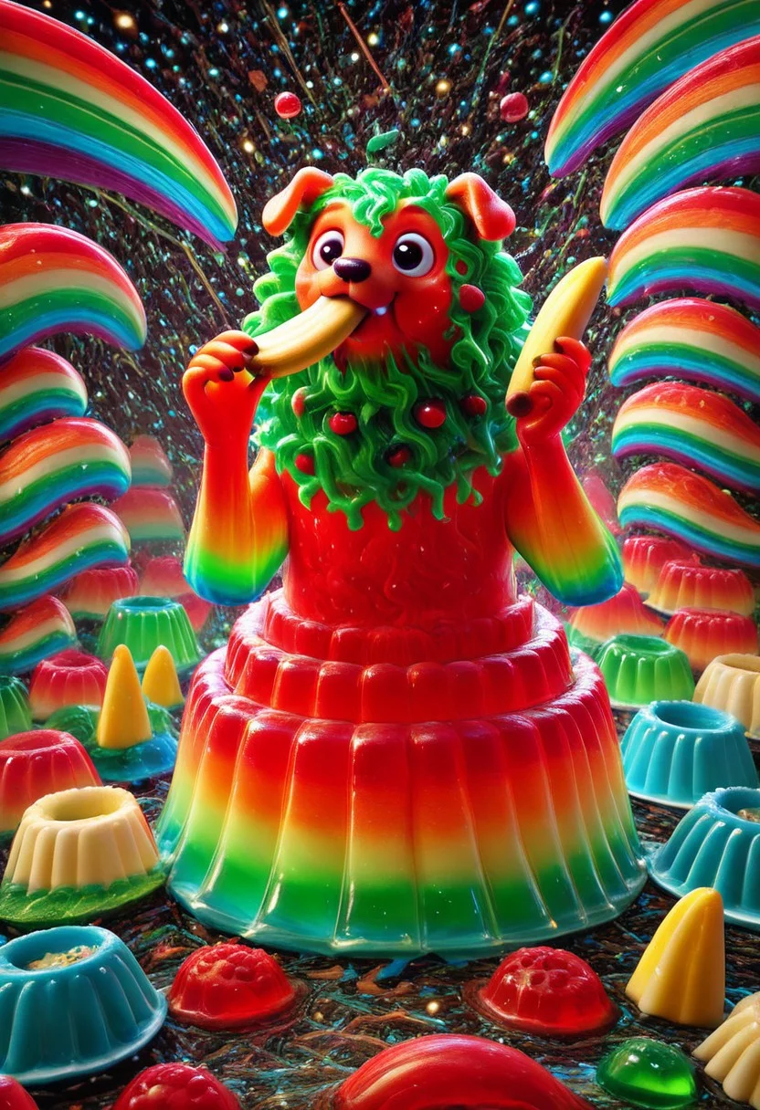 a cute chibby dog with big eyes made out of Jellystyle, he is eating a clay banana, very detailed, 4k, sharp, eating rainbow worms, novuschroma51 style
