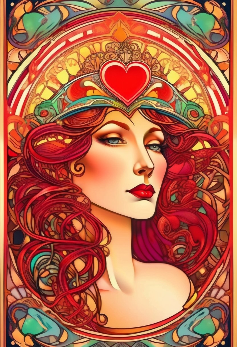 Playing card Queen of Hearts face card. Unique, artistic art nouveau, Alphonse Mucha Style page, lion king style art, colorful, detailed, 8k