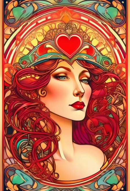 Playing card Queen of Hearts face card. Unique, artistic art nouveau, Alphonse Mucha Style page, lion king style art, colorful, detailed, 8k