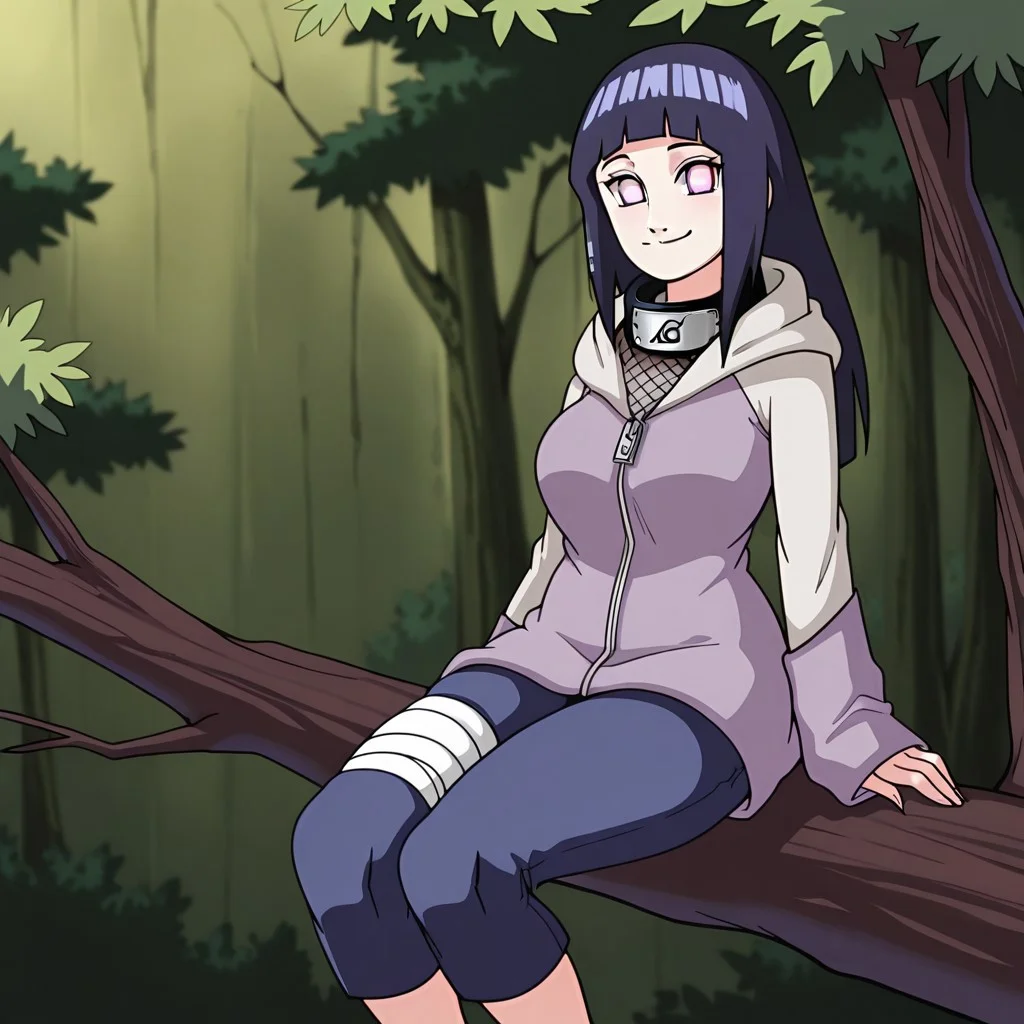 Radicalsoda, 1girl, solo, Naruto Shippuden, /(Naruto_series/), Hinata Hyūga, purple hair, long hair, straight hair, shiny hair, blunt bangs, sidelocks, no pupils, white eyes, looking at viewer, medium breasts, two-tone jacket, purple jacket, zipper, hooded jacket, hood down, forehead protector on neck, fishnet top, long sleeves, sleeves past wrists, blue pants, bandaged leg, sandals, black footwear, smile, outdoors, sitting on branch, cowboy shot, masterpiece, best quality, amazing quality,