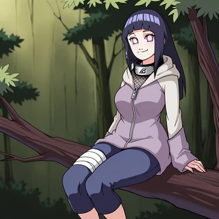 Radicalsoda, 1girl, solo, Naruto Shippuden, /(Naruto_series/), Hinata Hyūga, purple hair, long hair, straight hair, shiny hair, blunt bangs, sidelocks, no pupils, white eyes, looking at viewer, medium breasts, two-tone jacket, purple jacket, zipper, hooded jacket, hood down, forehead protector on neck, fishnet top, long sleeves, sleeves past wrists, blue pants, bandaged leg, sandals, black footwear, smile, outdoors, sitting on branch, cowboy shot, masterpiece, best quality, amazing quality,