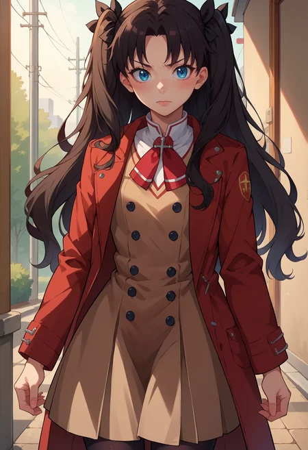 score_9, score_8_up,score_7_up, source_anime, 1girl, solo, <lora:EPfsnRinPony:1.0>, EPfsnRin, long hair, black hair, two side up, twin-tails, blue eyes, school uniform, long long sleeves, white shirt, brown vest, brown skirt, homurahara academy school uniform, black black legwear, red jacket, trench coat,