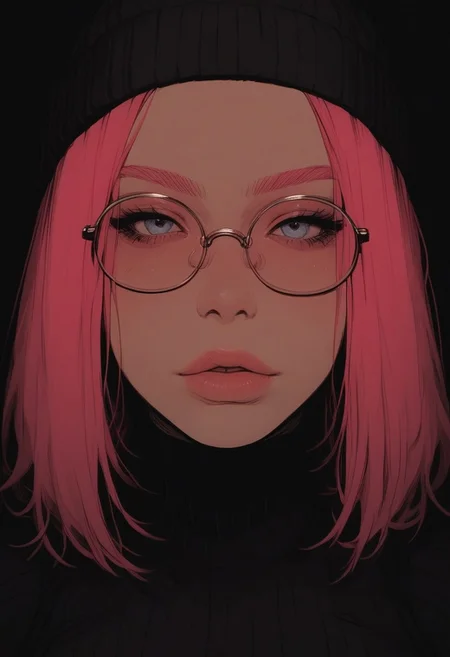 score_9, score_8_up, score_7_up, high detailed, high quality, masterpiece, no text, quality highlights, 8k detail, detailed background, source_anime, dynamic view, hentai, ultra-detailed,
a cute woman, pink hair bob, wearing skin tight black turtle neck and a beanie, thin-rimmed round glasses, front view, (hi-top fade), (dark theme:0.9), soothing tones, muted colors, high contrast, (natural skin texture, hyperrealism, soft light, sharp), close up